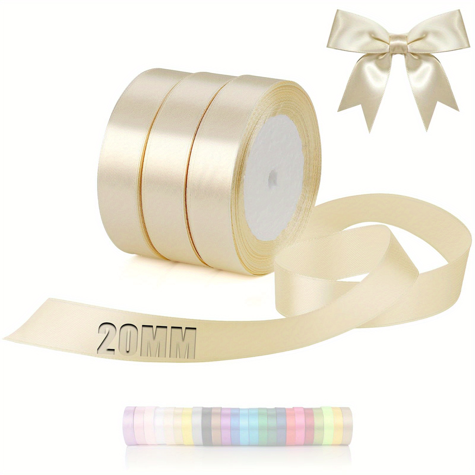 Image of 3 Rolls Of Creamy White Satin Ribbon For Gift Wrapping, 20mm Width, Beige Wedding Fabric Ribbon, Suitable For Baptism, Birthday Gift Wrapping, And Christmas Table Decoration Christmas, Halloween