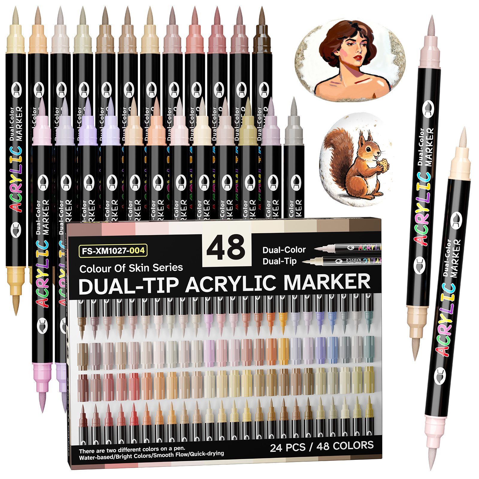 Image of (24pcs-48 Colors)/(48pcs-96 Colors) Double-headed Dual-color Acrylic Paint Markers Set, Soft Brush Tip Paint Pens For Canvas , Water-based, Ink, , Artist Professional Art Supplies