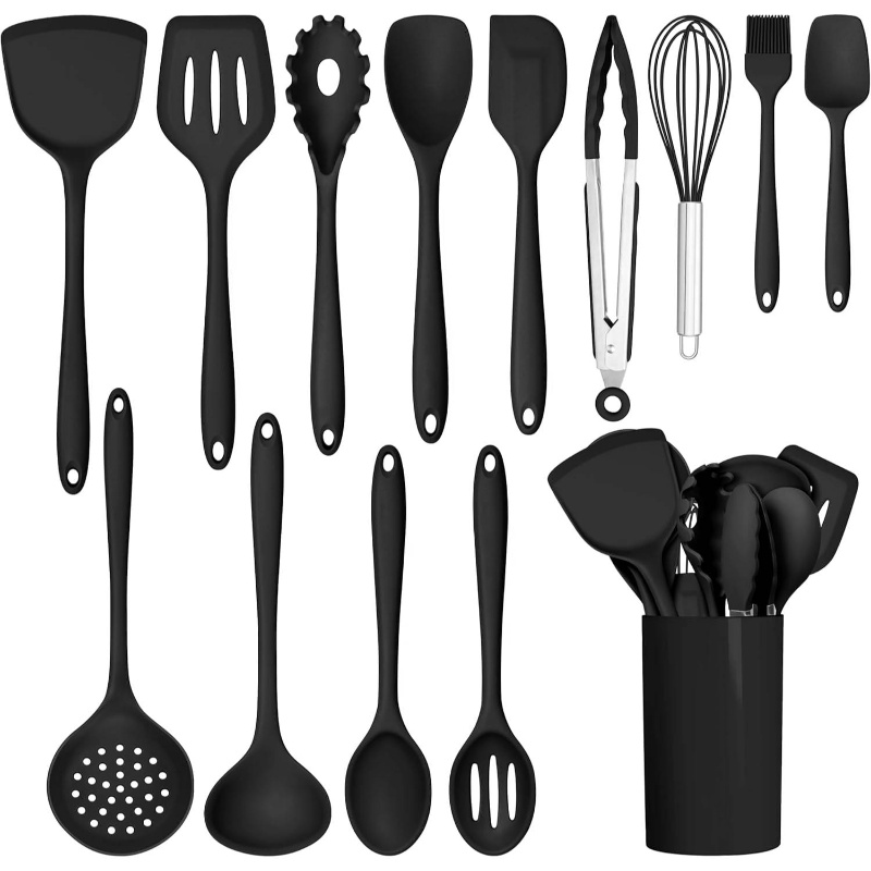 14pcs silicone cooking tools set, heat-resistant kitchen utensils for   cookware,   spoons, spatulas, and a whisk, safe for dishwasher use, in black, cooking utensils set, kitchen accessories, kitchen utensil set, kitchen utensils set, spatula set, spoon set, utensil set, utensils set, cooking utensil set, kitchen tools, cooking accessories, utensils holder, cooking supplies, kitchen essentials Product details 0