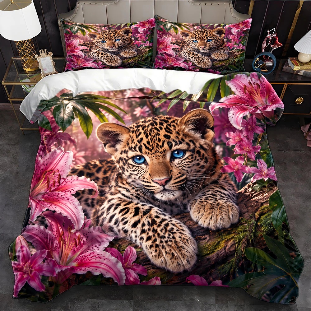 TEMU 3pcs Jungle Leopard Cub Themed Duvet Cover Set, 1*duvet Cover   2*pillowcases, Bedding 3pcs Set, Queen Size Double Bed Cover Set, Suitable For ,