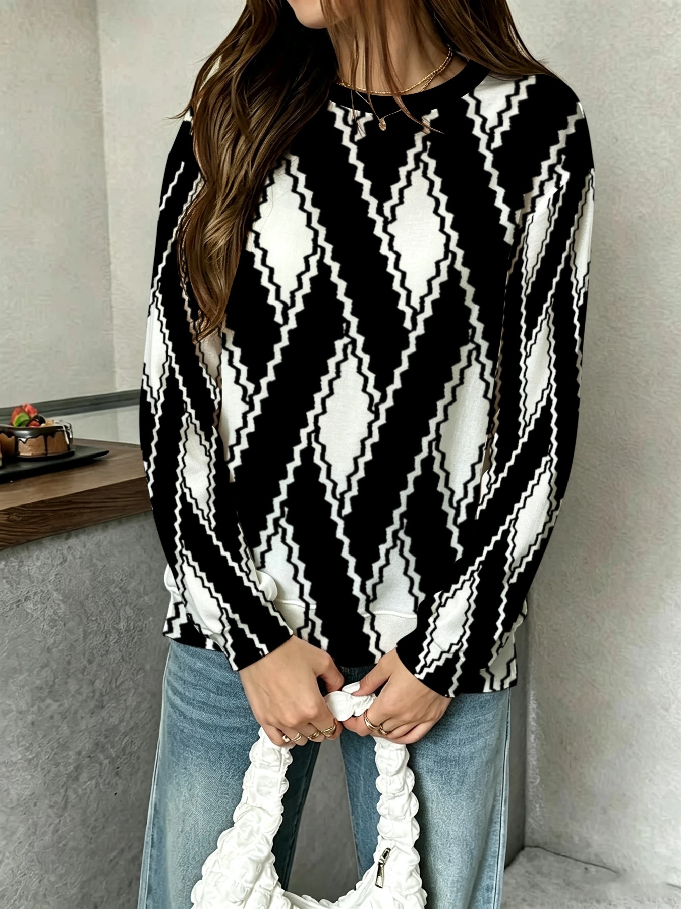item picture maternity sweatshirt for women round neck long sleeve black and   rhombus artistic print top loose fit gently accommodates bump suitable for daily commuting   and short trips during early middle and late pregnancy