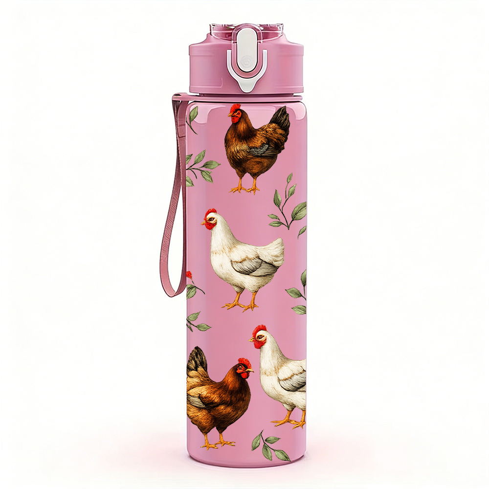 TEMU 1pc Pastoral Chicken, 750ml/26oz Plastic Sports Water Bottle, Cute Printed Design, Leak-proof With Pop-up Lid, Suitable For Outdoor Sports,