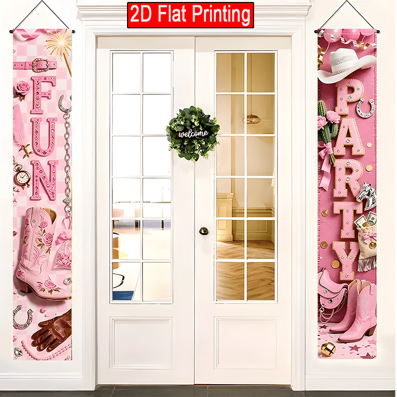 TEMU 2d Flat, 2d Flat - 2d Flat, 2d Flat - 2d Flat Banner, Happy Birthday Wild West Theme Polyester Door Banner, Pink Cowgirl Design For Girls And