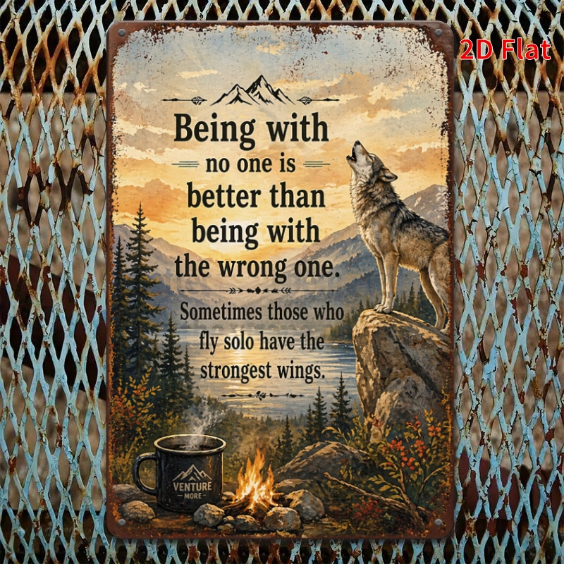 TEMU 2d Flat, Decorative Sign 2d Flat, [2dflat], 1pc 30x20cm- Vintage Wolf Inspirational Sign, Mountain Camping Wall Decor, Being With No Metal Sign