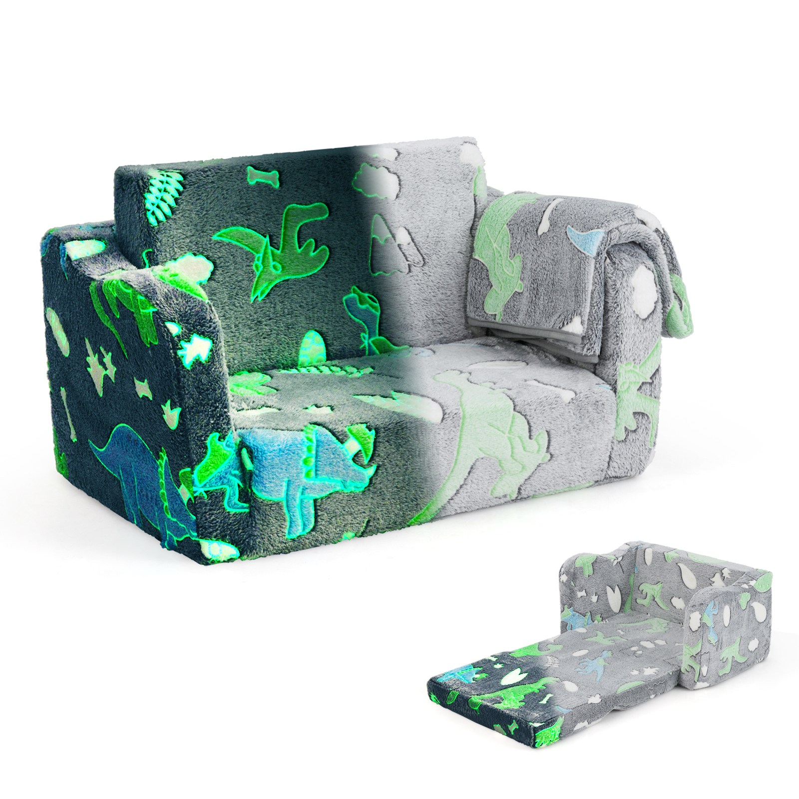 Image of Kids Couch With Blanket, 2-in-1 Folding Kids Sofa And Lounger, Comfortable Flip Out Kids Recliner Chair For Kids Above 3, Grey Dinosaur