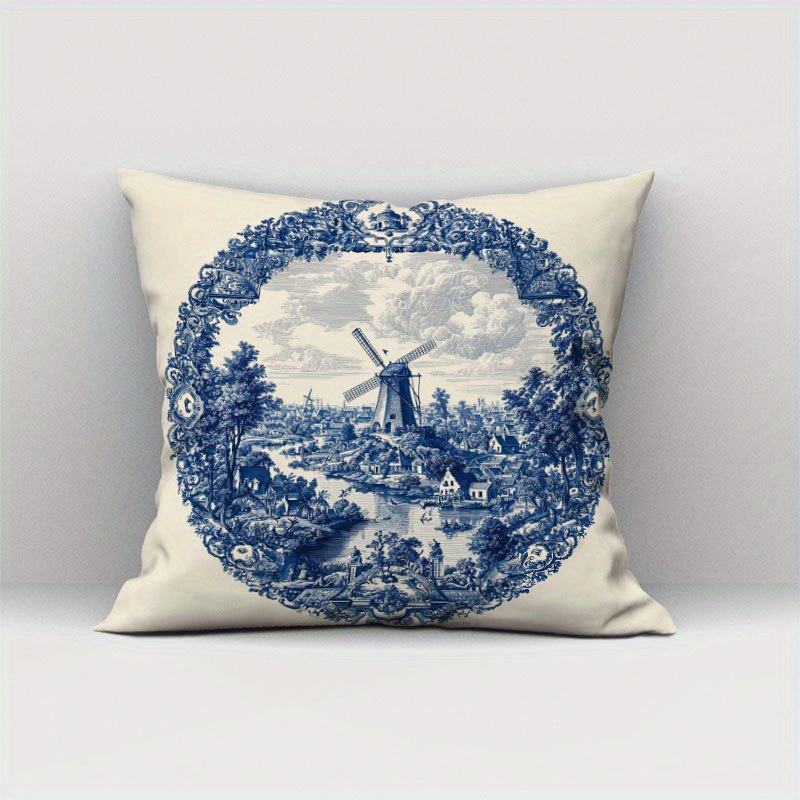 1 stück niederländische windmühle kissenbezug - traditionelles   blau-weißes porzellan-muster, weicher plüsch-kissenschild mit reißverschluss, maschinenwaschbar für wohnzimmer, schlafzimmer, heimdekoration - vintage europäisches bauernhaus-dekor, klassisches design, hochwertiges textil, innendesigner | Mehr Kaufen, Mehr   | Temu