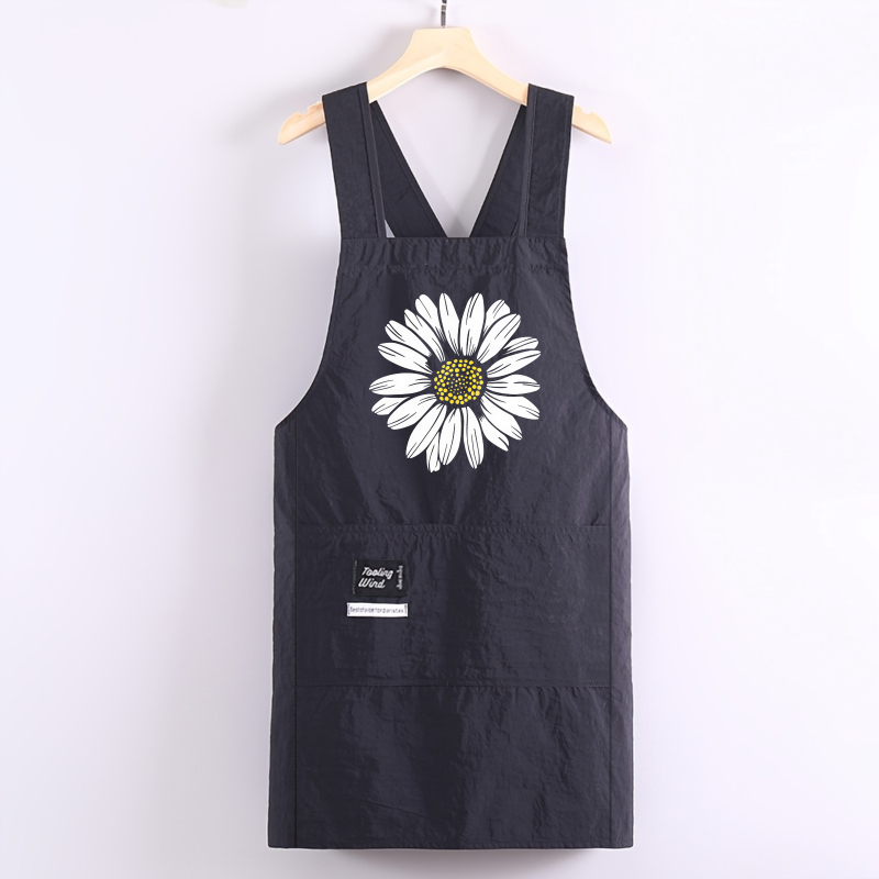 TEMU 1pc Taslon Apron In 4 Colors White Daisy Flower On Apron With 2 Pockets Crossbody Strap Design Suitable For Such As Office Work, Painting,
