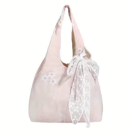 elegant pink floral tote bag with lace trim bow detail lightweight polyester handbag for work shopping and tote stylish tote bag smooth texture fabric