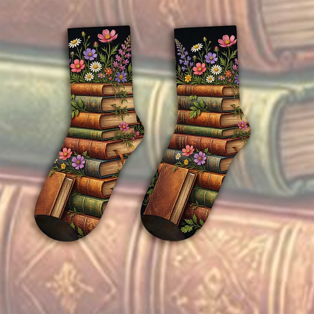 TEMU A Unique Pair Of Socks Designed With Vintage Books With Wildflowers For Women& Men, Sock | Ideal For Party Costume, Gifts, Daily Wear