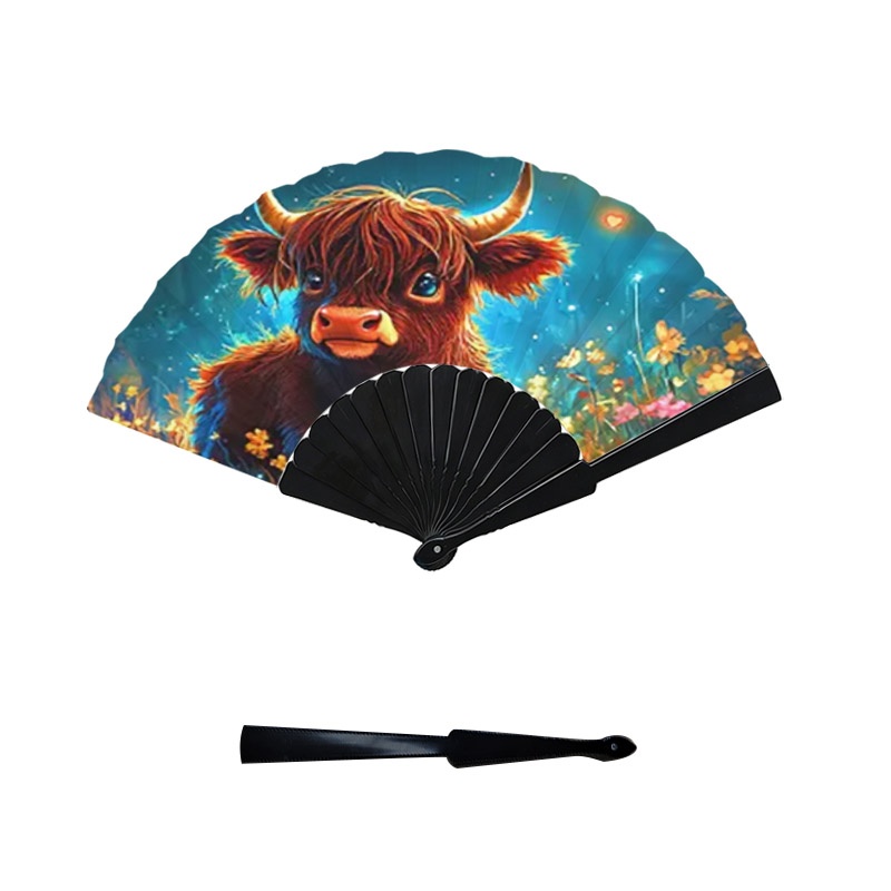 TEMU Highland Cow Print Handheld Folding Fan, Retro Bohemian Face Plastic Fan Ribs Style, 1pc Lightweight Portable Decorative Fan, Suitable For Daily