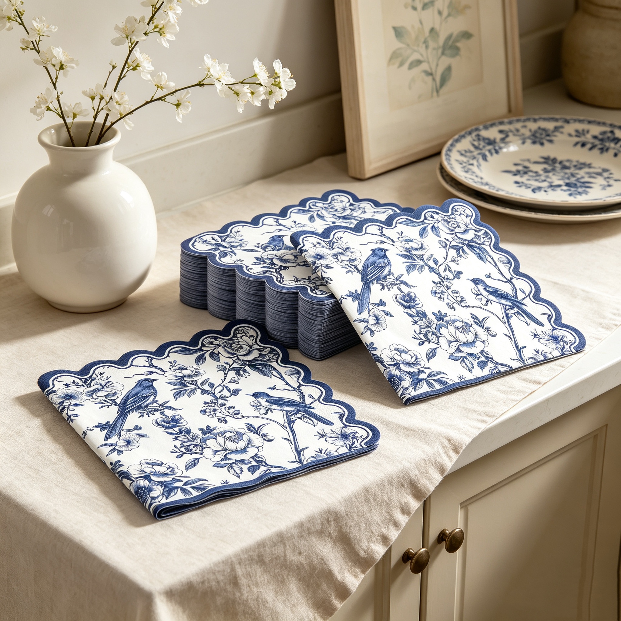 TEMU 26 servilletas desechables con bordes de con flores de pájaros florales azules y blancas, servilletas decorativas chinas de estilo retro.