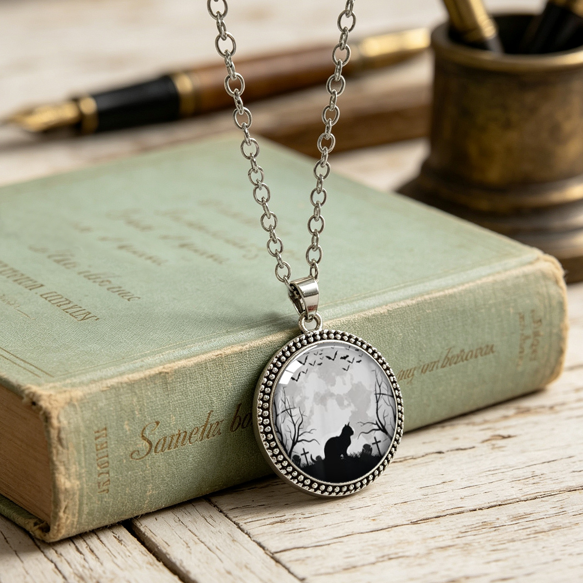 Gothic Graveyard Pendant Necklace with Black Cat & Raven Print