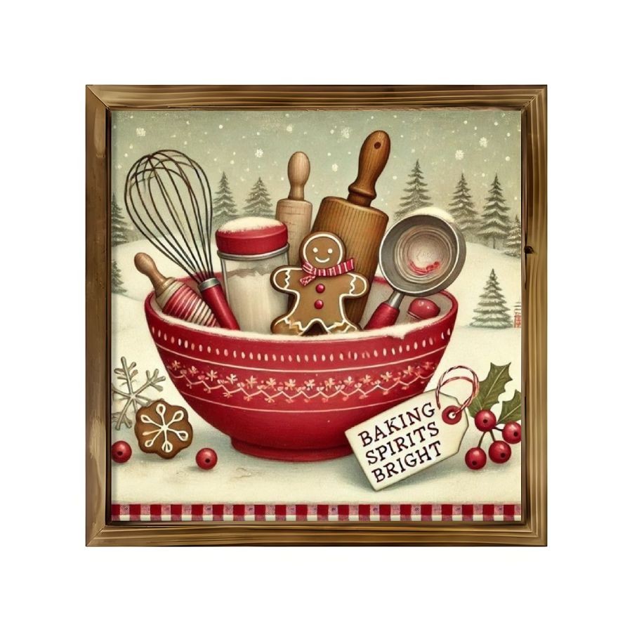 TEMU 2d Flat Single Piece Christmas Winter Wooden Frame Painting | Christmas Baking Theme With Gingerbread Man And Kitchen Appliances, Vintage
