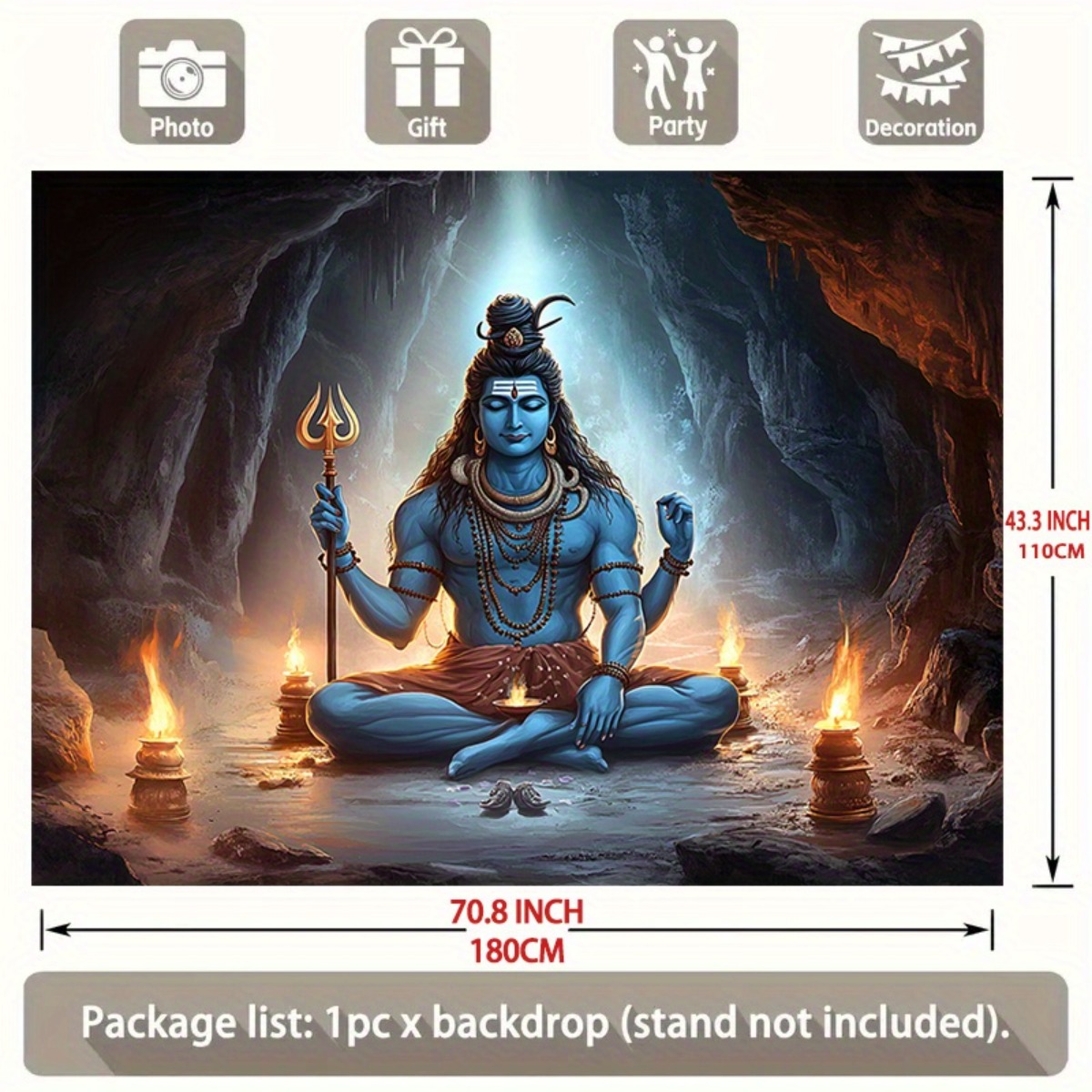 1pc Lord Shiva Meditation Backdrop - Large Wall Mural Hindu Deity with Nandi Bull-like Figure, Candles & Om Symbol - Vibrant Spiritual Decor for Pooja, Diwali, Christmas, Weddings, Home Temple or Studio Photo Background