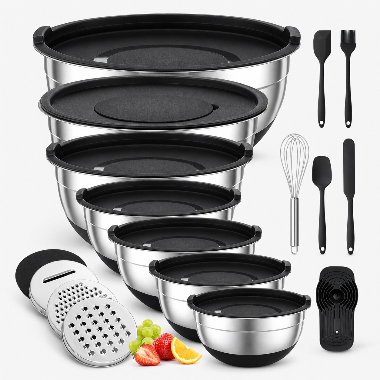 TEMU 21pcs Set Of Stainless Steel Mixing Bowls With Lids, Stackable Salad Bowls, With Mixing Tools, Suitable For Home Baking, Cooking, Making Salads