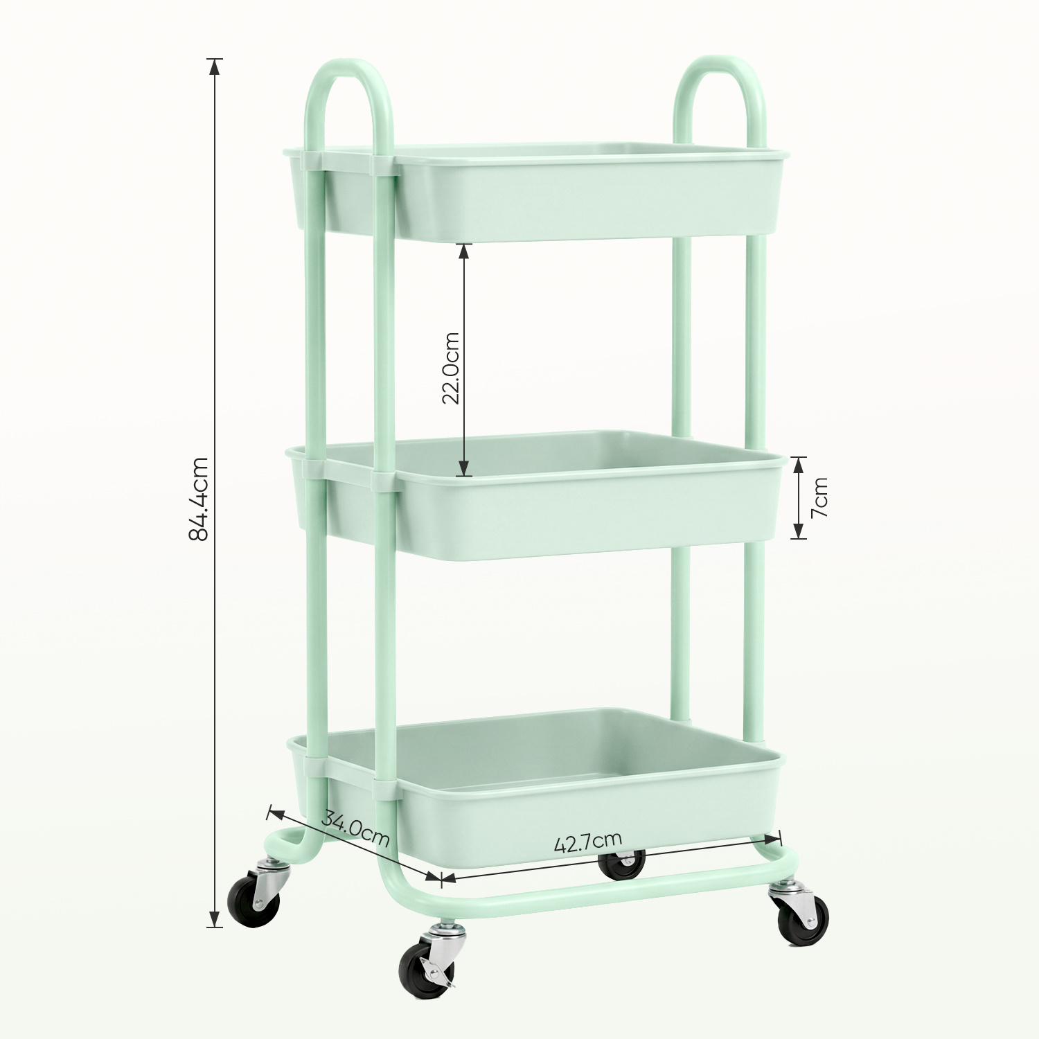 Image of Sekey Trolley, Kitchen Cart With 3 Shelves | 360° Rubber Wheels With Brakes | Smooth Lacquered End & Rust-proof | Curved Handle | For Kitchen, Bathroom, Office, Living Room, And Bedroom | Mint Green