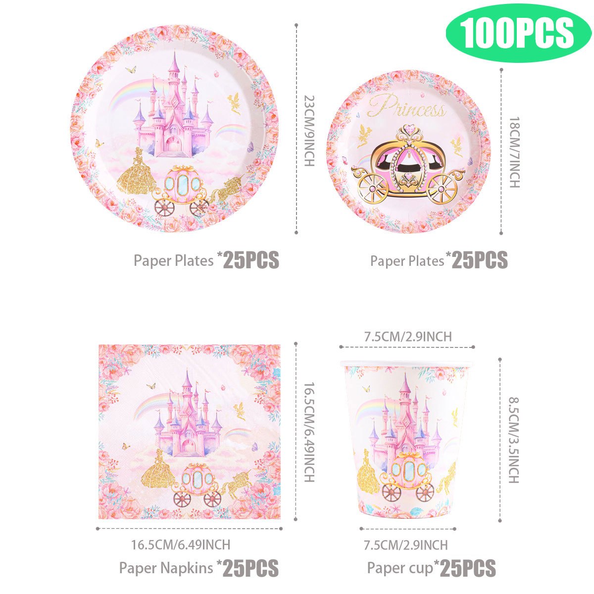 TEMU Set de vaisselle jetable 100 pièces à motif de sur fond rose, kit unique de fournitures de fête princesse comprenant assiettes, serviettes et