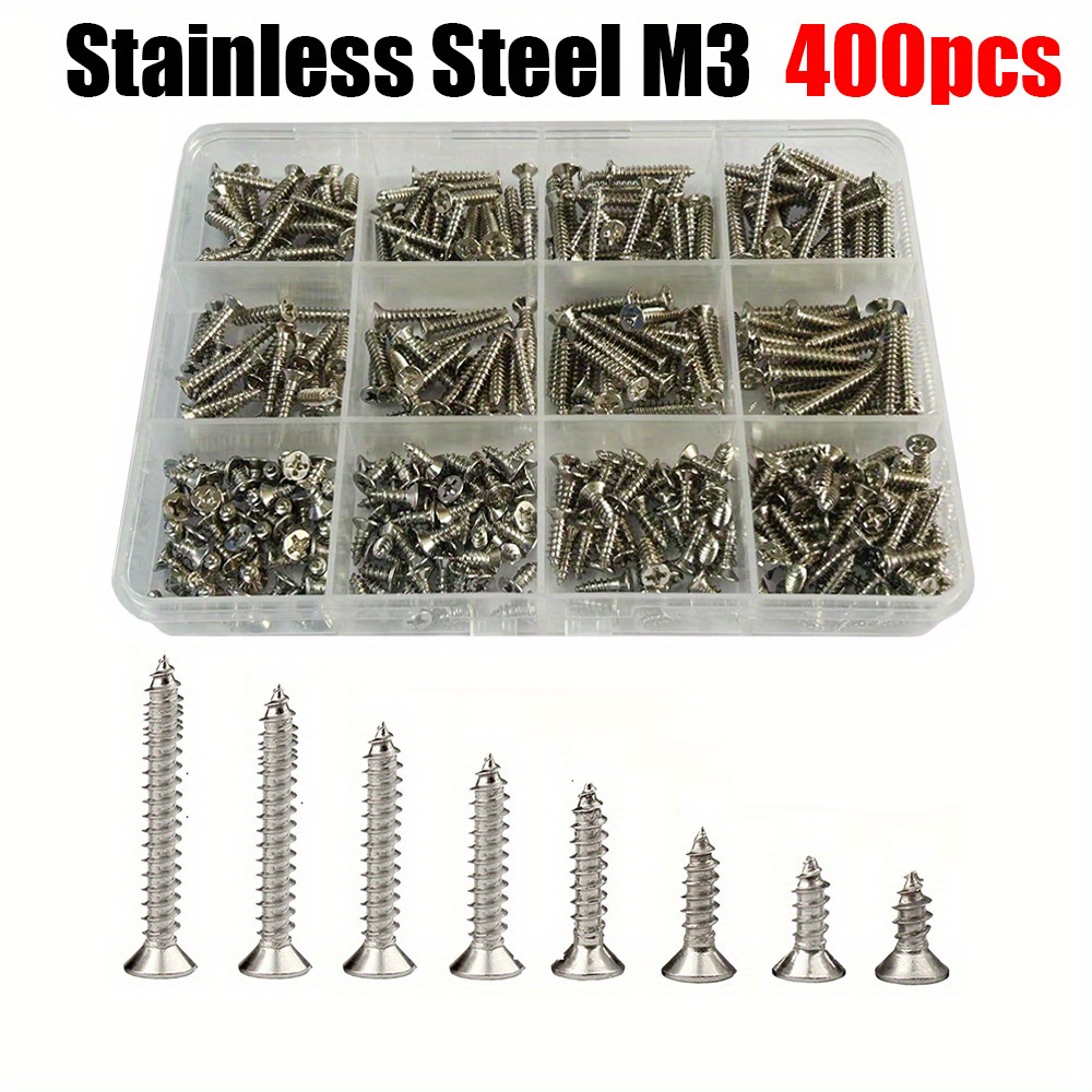 E-shop 400 Stück Edelstahl M3 Selbstschneidende Schrauben, 8 Größen, Verriegelung Holzschrauben Set, Geeignet für die Befestigung von Holz und Metall