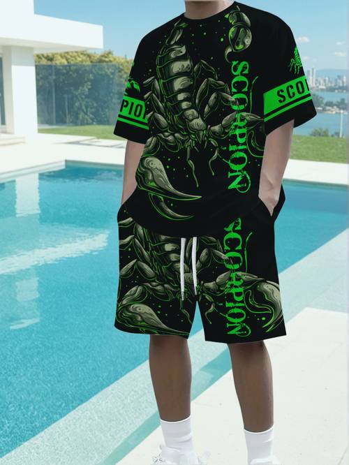 item picture black set for men fluorescent green 3d printed short sleeve t shirt and shorts summer casual two piece set plus size