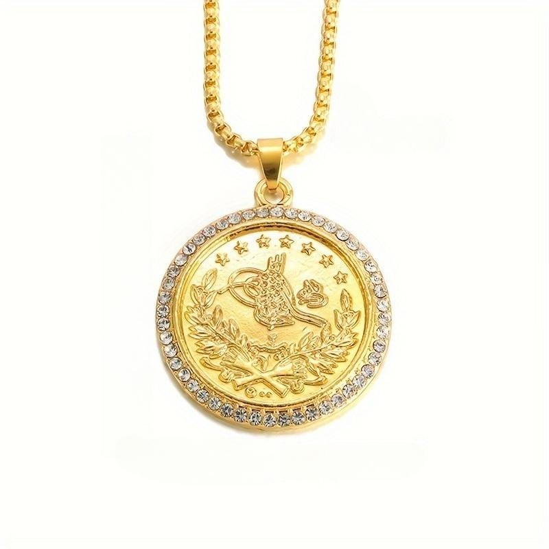 TEMU 1pc Vintage Unisex Pendant Necklace With Sparkling Halo Emblem Round Medallion, Hip Hop Ethnic Jewelry, Suitable For Daily Gatherings, Eid,