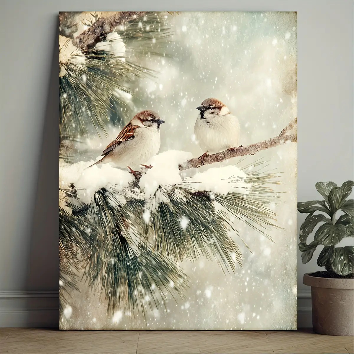 TEMU 2d Flat, 2d Flat, Framed 2d Canvas Artwork Featuring A Winter Scene With Perched On Snowy Pine Branches, Ideal For Rustic Farmhouse Decor In