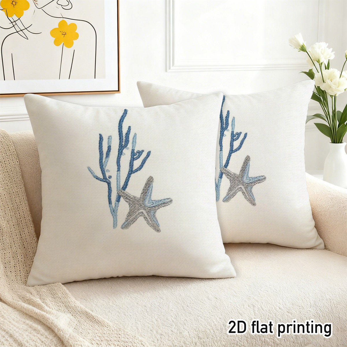 TEMU Juego de 2 fundas de cojín costeras 2D, estampados dúplex de coral azul y , ideal para de sofá , esquina de dormitorio moderno, con temática de