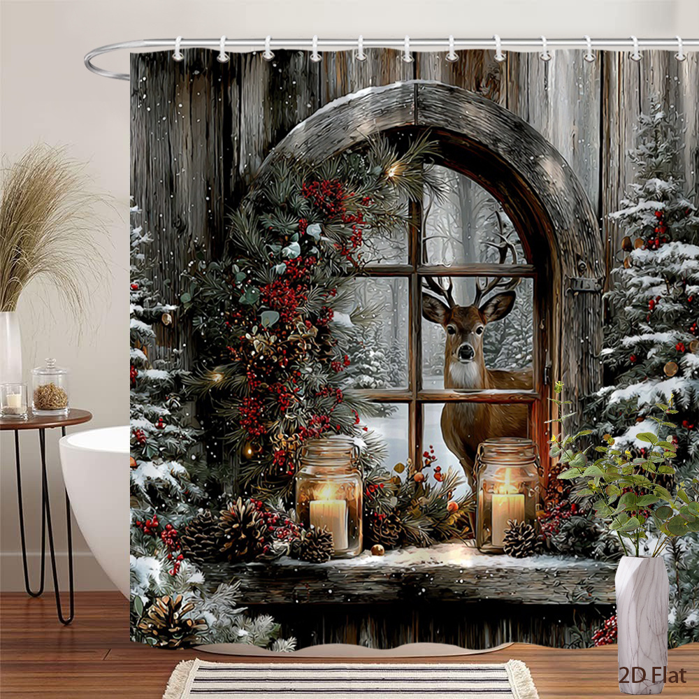 TEMU 1pc 2d Flat Christmas Printed Shower Curtain Rustic Scene With Pine Trees And Candles Holiday Bathroom Hanging Curtain Set 70.8x70.8 Inch With