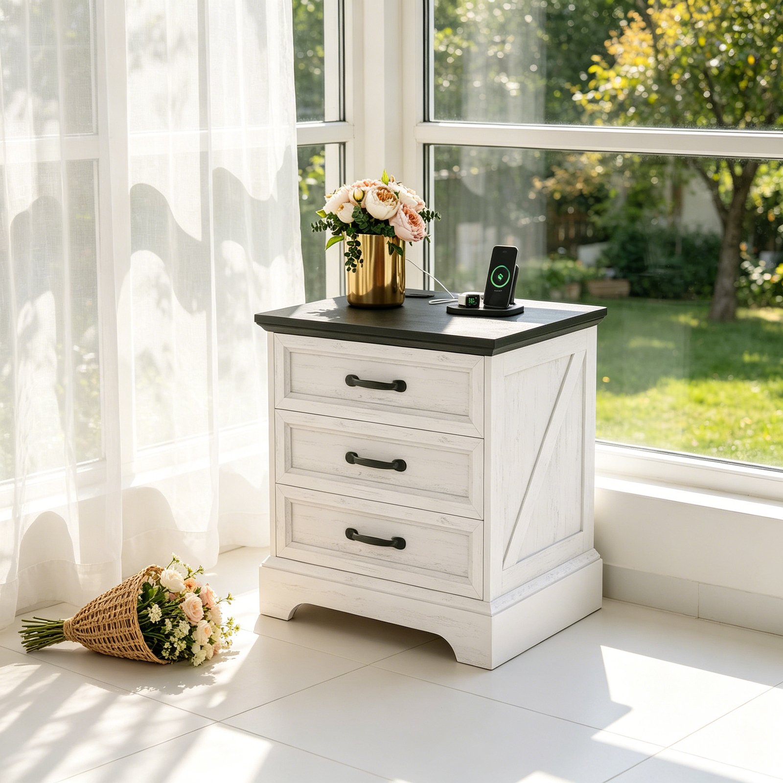 Large 24-inch Modern Farmhouse Nightstand with 3 Drawers - Rustic Bedside Table Suitable for Bedroom & Living Room, Space-Saving End Table with Ample Storage,, Assembly, Multicolor for Small Spaces (Assembly)