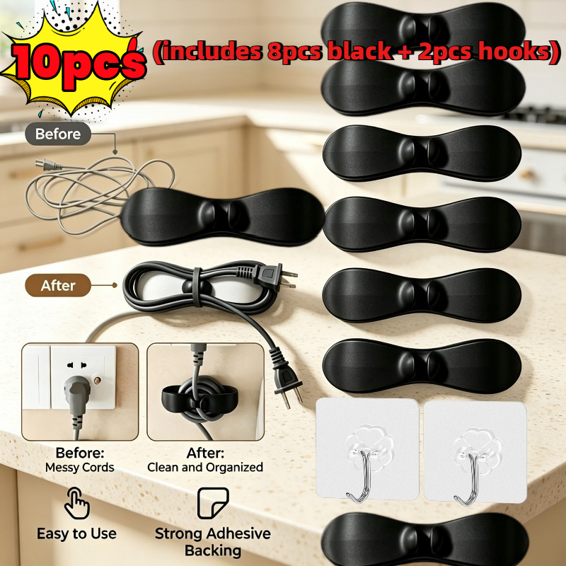 TEMU 10pcs Heavy-duty Kitchen Appliance Cable Organizer Set (including 8pcs Silicone Cable Clips And 2pcs Hooks), Multifunctional Organizer, Non-slip