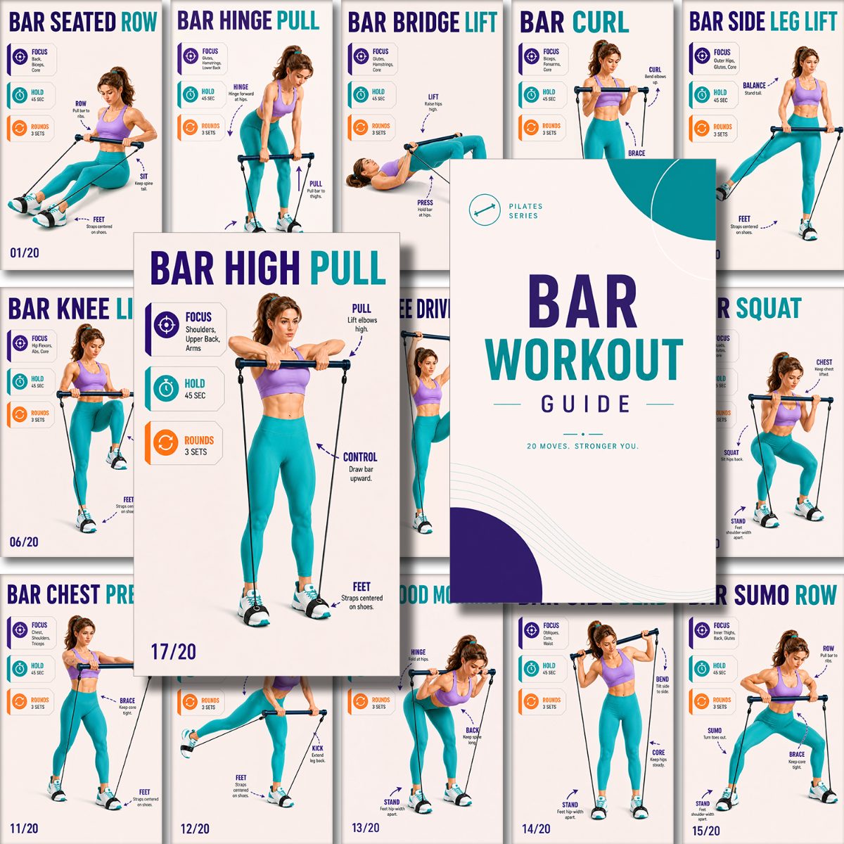 TEMU Lot de 20 cartes d'entraînement avec barre de Pilates pour femmes et hommes - Guide d'exercices avec bande de résistance Pilates pour tout ,