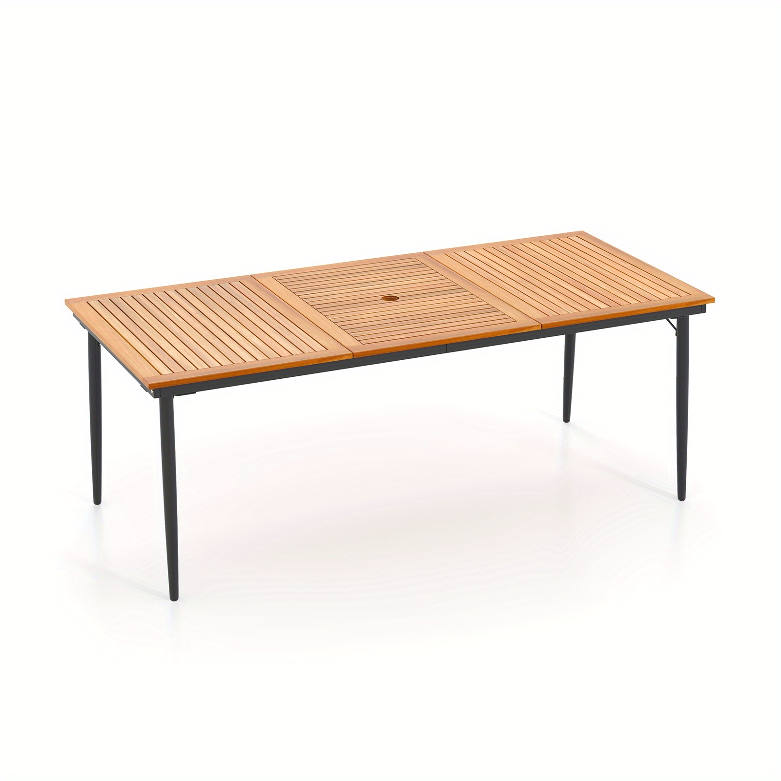 Acacia Wood Dining Table For 8 People - 79-inch Outdoor/ Patio Table With Slatted Tabletop, Built-in 2" Umbrella Hole & Heavy-duty Metal Legs - Heavyweight Capacity ( Wood &), Poolside Furniture