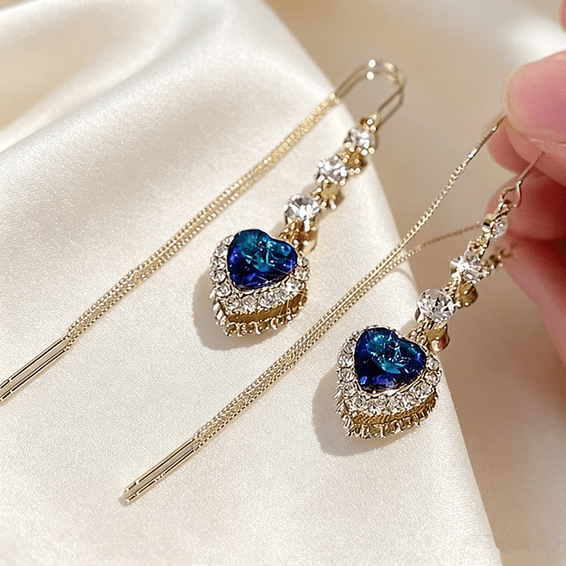 TEMU Luxury Blue Heart Drop Earrings For Women, Long Tassel Heart-shaped Dangle Earrings, Elegant Banquet Accessory, Face- Women's Jewelry Gift