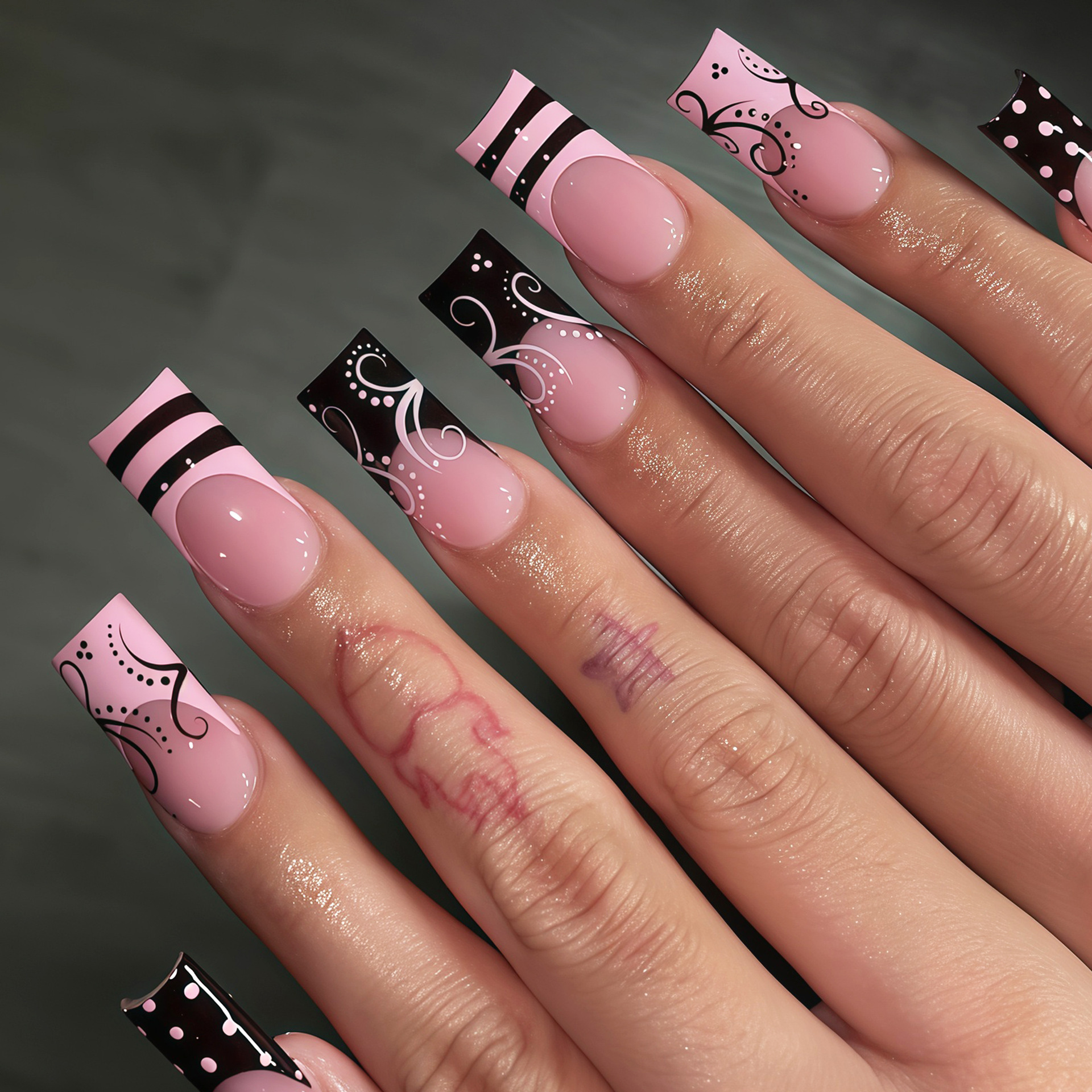 TEMU 48pcs On Nails Suitable For Daily Wear & Dates - Long Square Medium Length With Black Vines, , Glossy False Nails For Hands, Spring Summer Nail