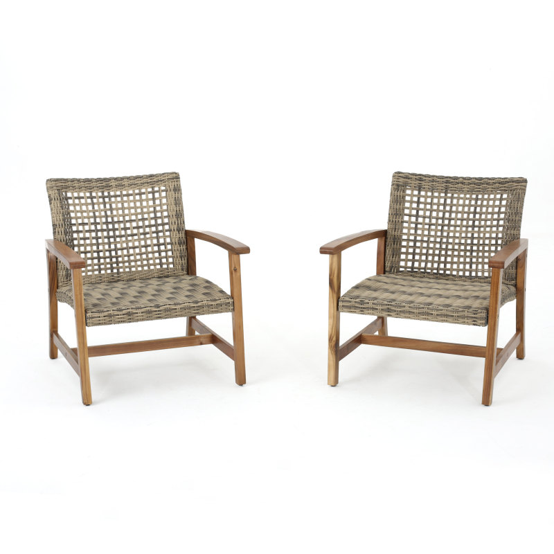Outdoor Acacia Wood Wicker Club Chairs with Acacia Wood Frame, 2pcs Set