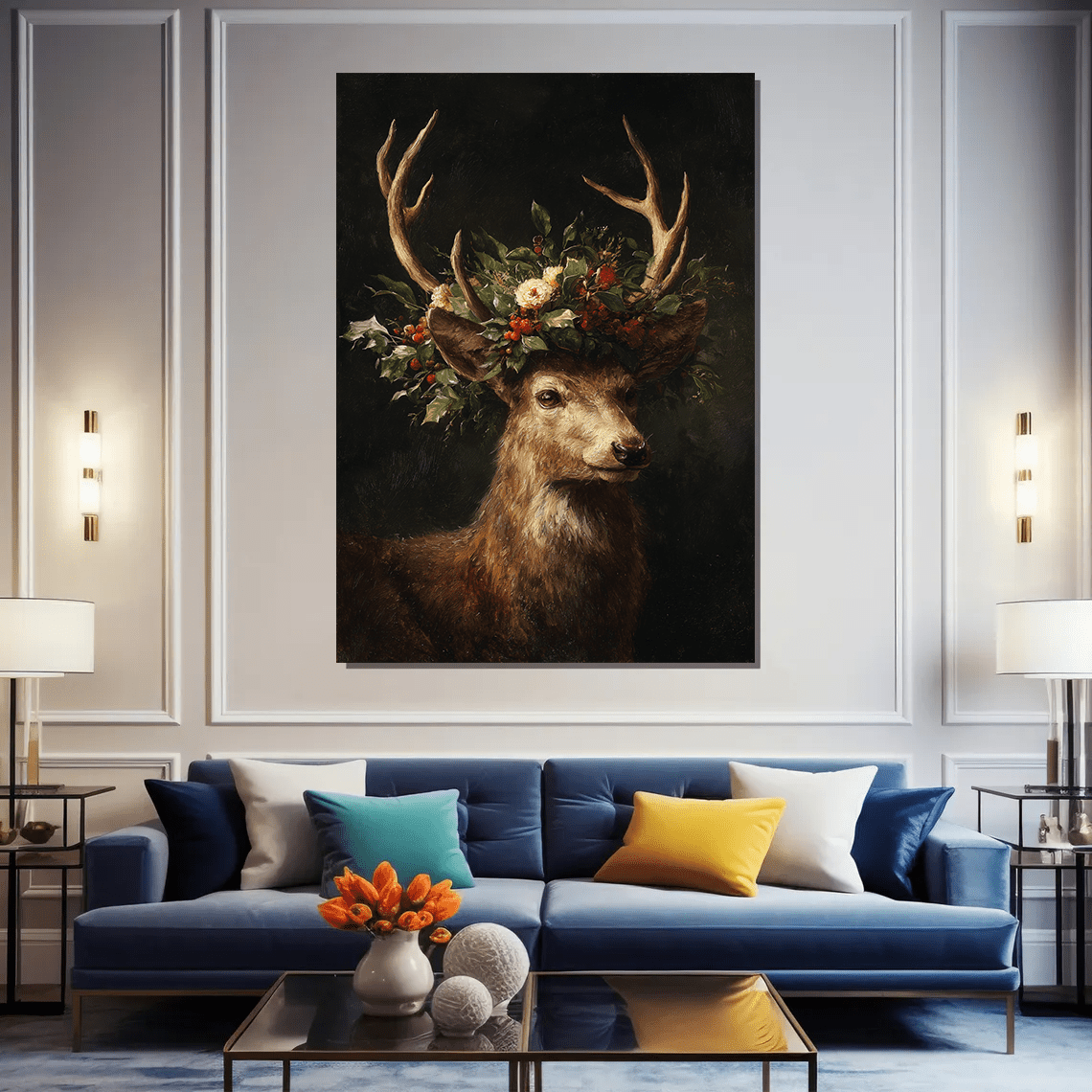 TEMU 2D Plat, 2D Plat, een frameless canvas kunstwerk van 31.49x47.24 inch, met een print van een hert met hoorns versierd met een delicate kroon van