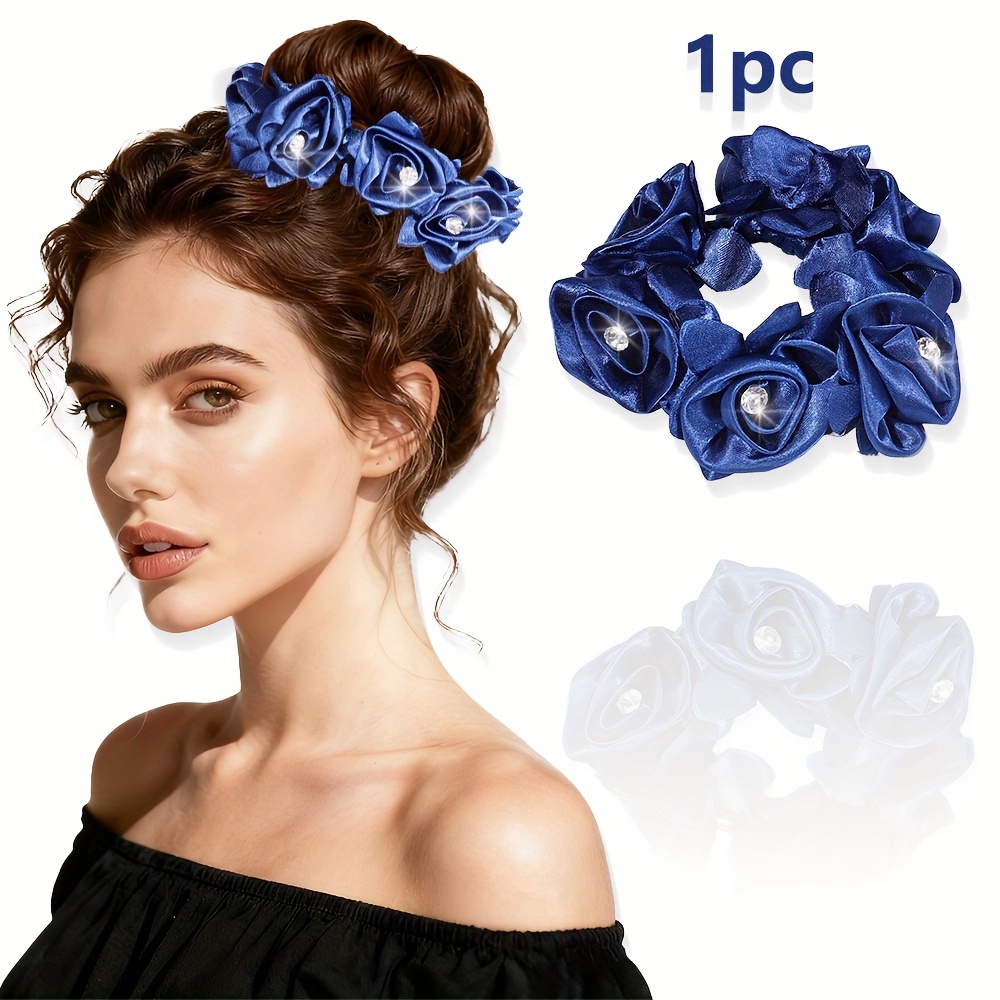 TEMU 1pc New Style Satin Fabric Rose Flower Rhinestone Scrunchie, Women's Fashionable Sweet Fabric Flower Hair Tie, High-elasticity Hair Band, Hair