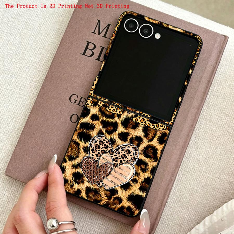 TEMU Coque de téléphone - Coque arrière plate 2D adaptée pour Z FE Z Flip 7 6 5 4 3 , motif léopard, lettres, cœurs, nœud