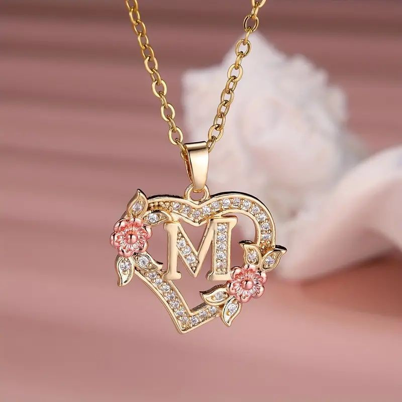 TEMU 1pc Women's Stylish Heart-shaped Openwork Initial Necklace, Featuring A Delicate Floral Letter Pendant On A Collarbone Chain, A For, Daughters,