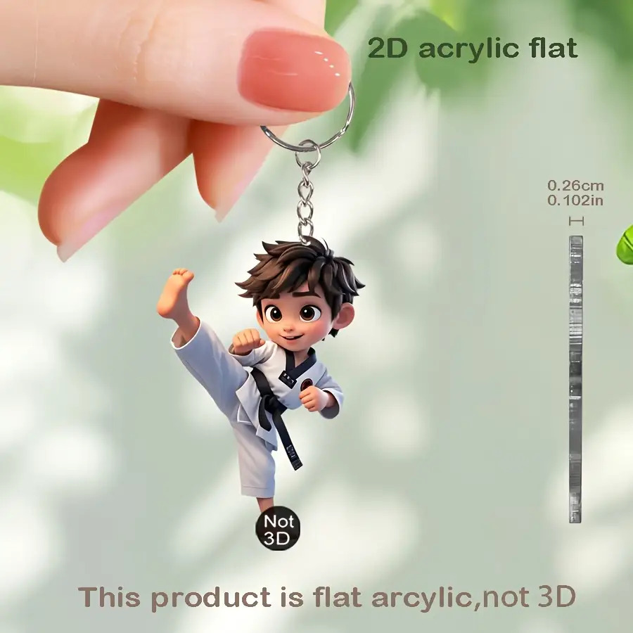 TEMU Portachiavi Acrilico 2D Piatto - Cartone Animato Arti Marziali Taekwondo - Design 2D Piatto con Testo 'Non-3D Plane', Portachiavi Resistente a e