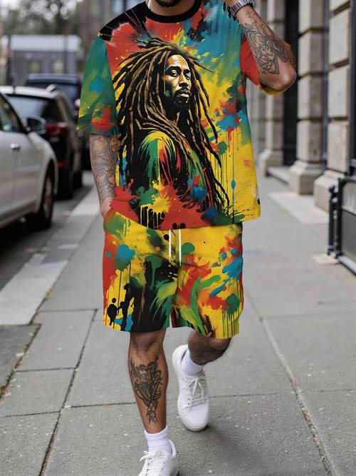 mens 3 printing two piece set splash ink reggae character trendy short sleeved suit trendy short sleeved shorts suit trendy outfit breathable sports and leisure holiday gift for men