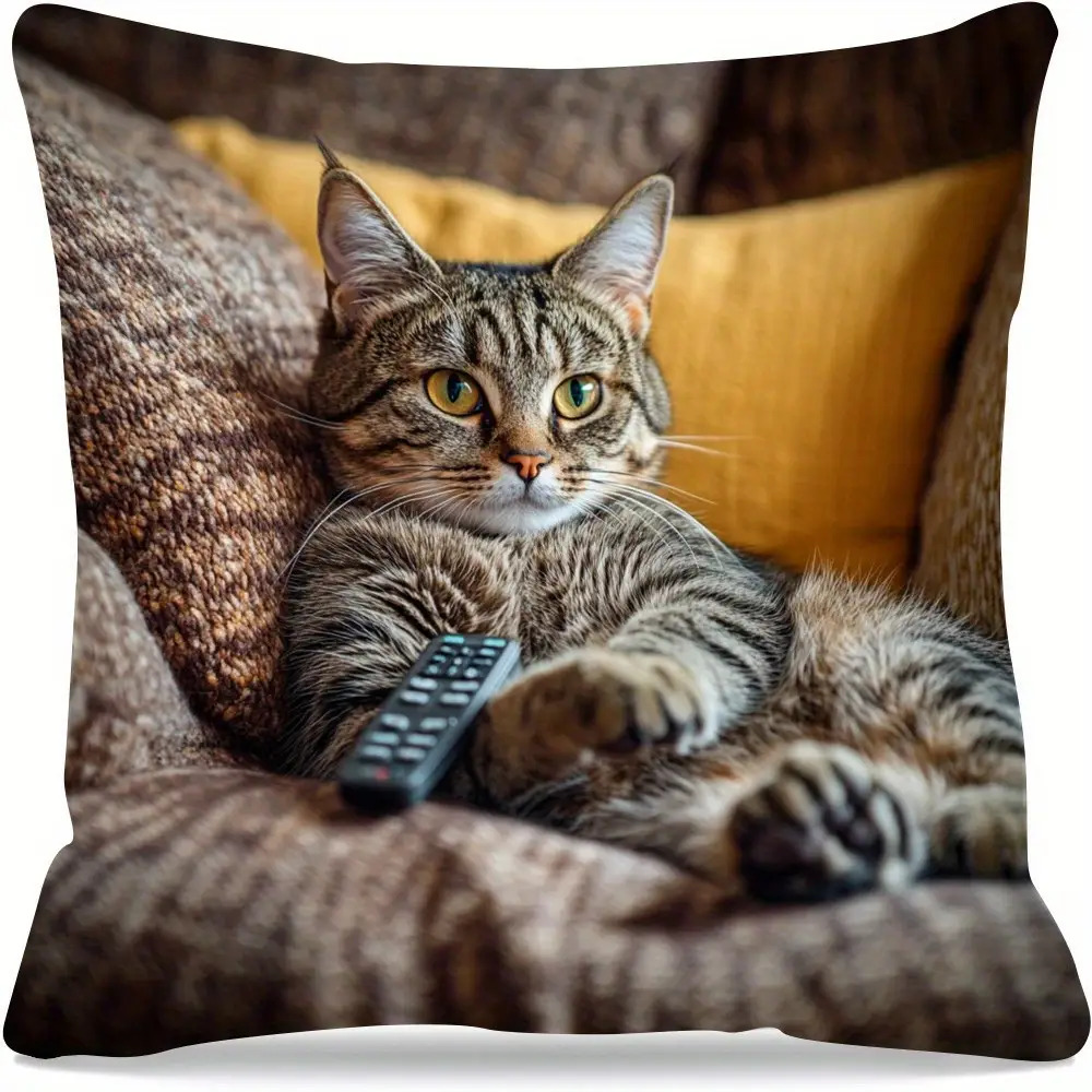double sided 1pc modern hypoallergenic pillowcase cute fat cat and remote control pattern single sided print zipper closure machine washable suitable for comfortable bedroom and living room decoration fun pattern soft fabric print cushion   Product details 1