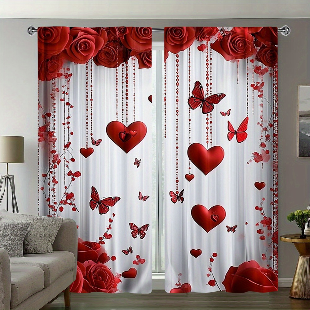 TEMU 2d Flat - 2pcs 2d Flat Printing Room Curtains, Set Of 2, Daily Decorative Curtains For Valentine's Day Featuring A Design Of Red Roses, Hearts,
