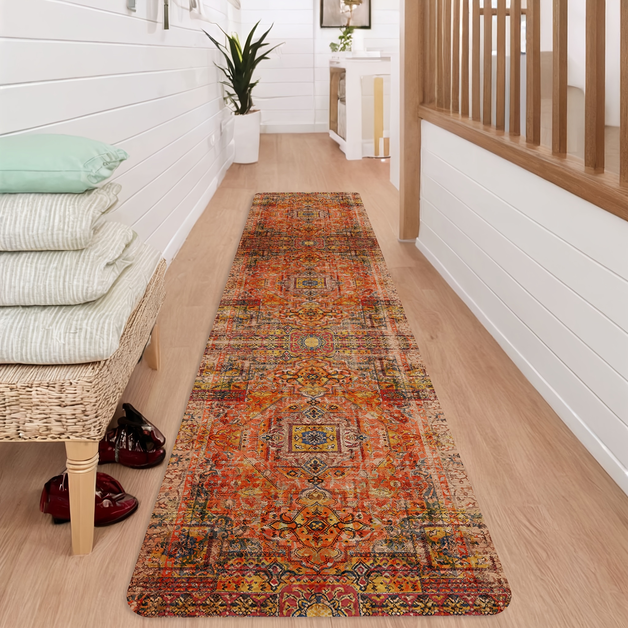 TEMU Velvet Long Area Rug, Vintage Bohemian Style Floor Mat, Traditional Floral Pattern Doormat, Suitable For Entryway, Bedroom, Kitchen, Bathroom