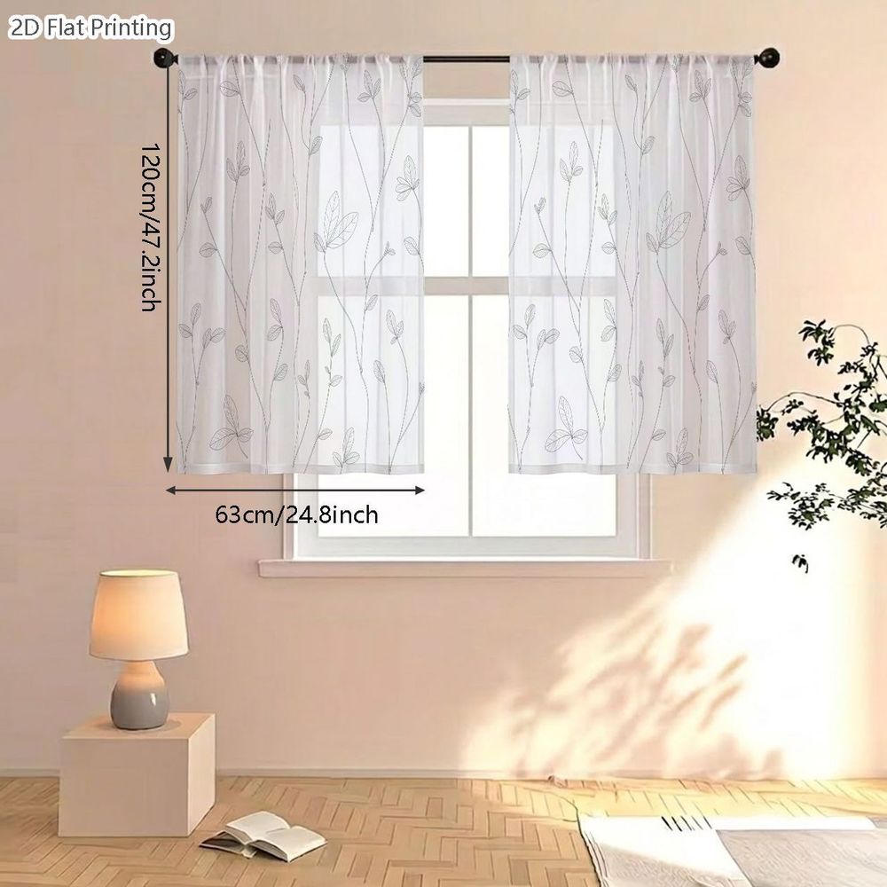 TEMU 2d Flat, 2pcs Small Semi-transparent Sheer Curtains, Minimalist Monochromatic Botanical Line Art Pattern Sheer Curtains, For Cafe, Living Room,