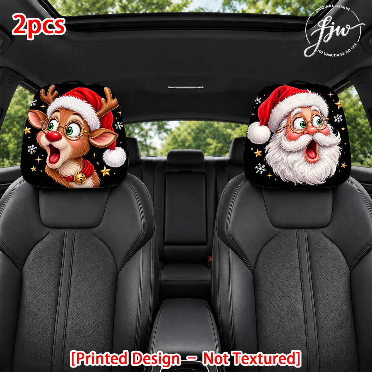 TEMU 2pcs Funny Santa And Reindeer Christmas Car Headrest Covers Set Of 2, Fun Christmas Designs, Soft And Comfortable, Flexible Installation,