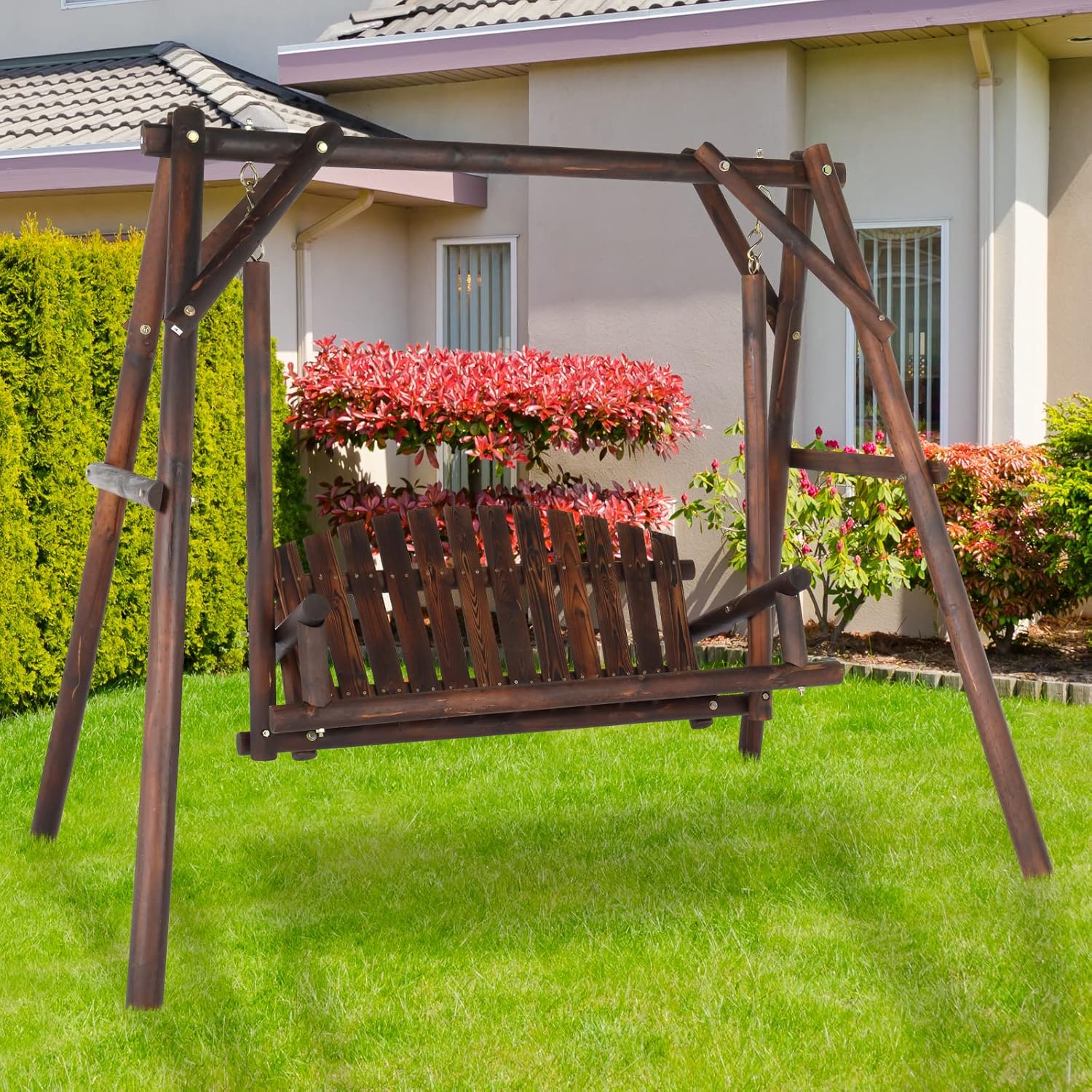 [Heavy Duty Swing] Bonnlo Heavy Duty 880 LBS Wooden Patio Porch Swing with A-Frame Stand, Hanging Swing Bench Chair with Frame for Outside, Yard, Garden (Rustic Sequoia Dusk/Natural)