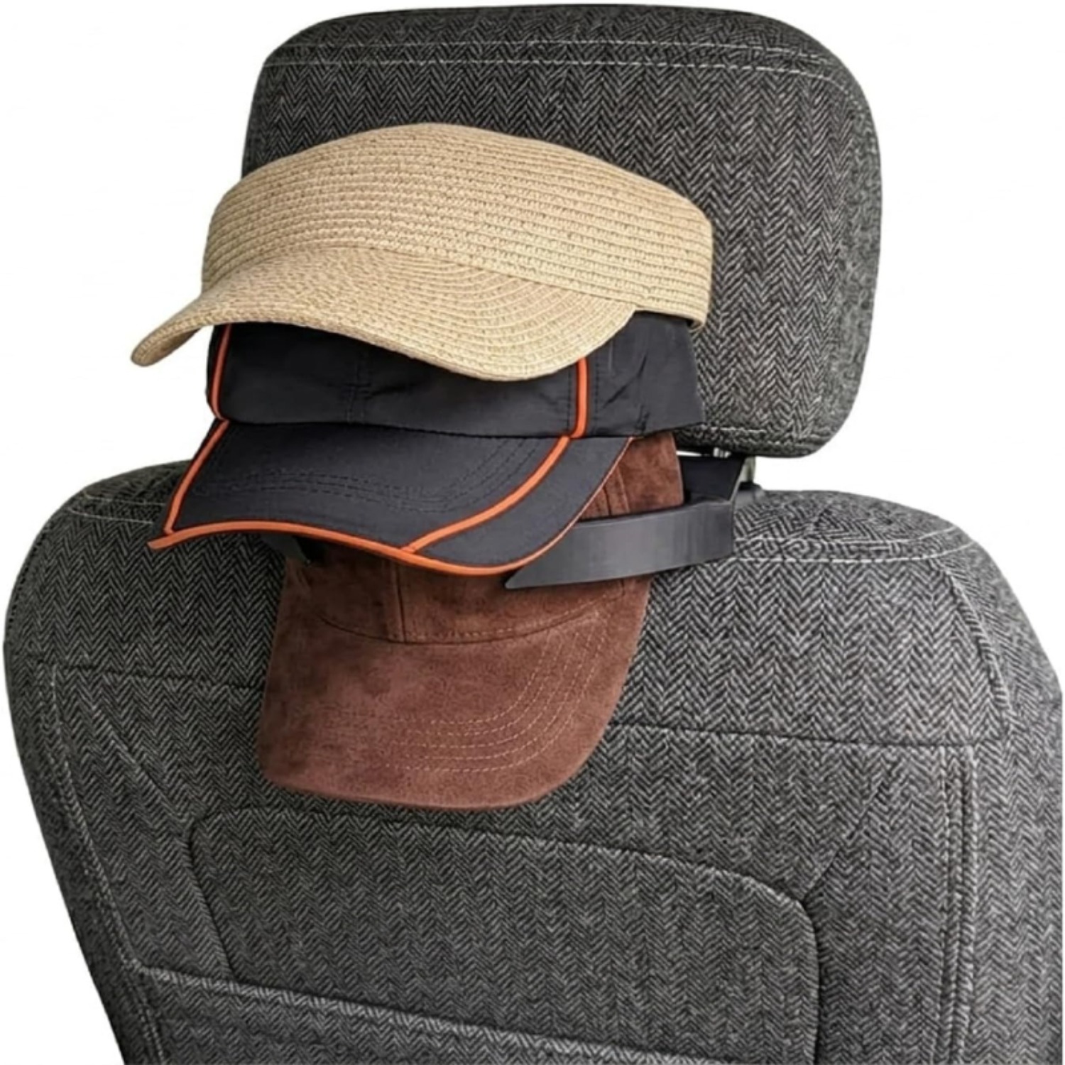 Universal Headrest Hat Holder, Suitable For Trucks, Suvs And Cars. Can Hold 3 Safety Helmets And Baseball Caps. No Tools Required For Installation. Rear Storage Rack For Heavy Vehicle Safety Helmets.