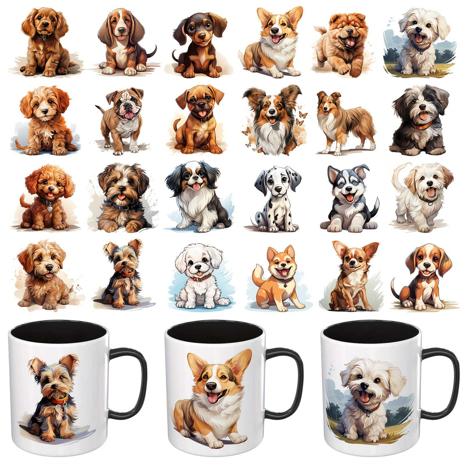 TEMU 24 Sheets Of Uv Dtf Transfer Paper With Cute Watercolor Puppy Designs- 3d Waterproof, Durable, High , Suitable For Mugs, Glass Jars, And Diy