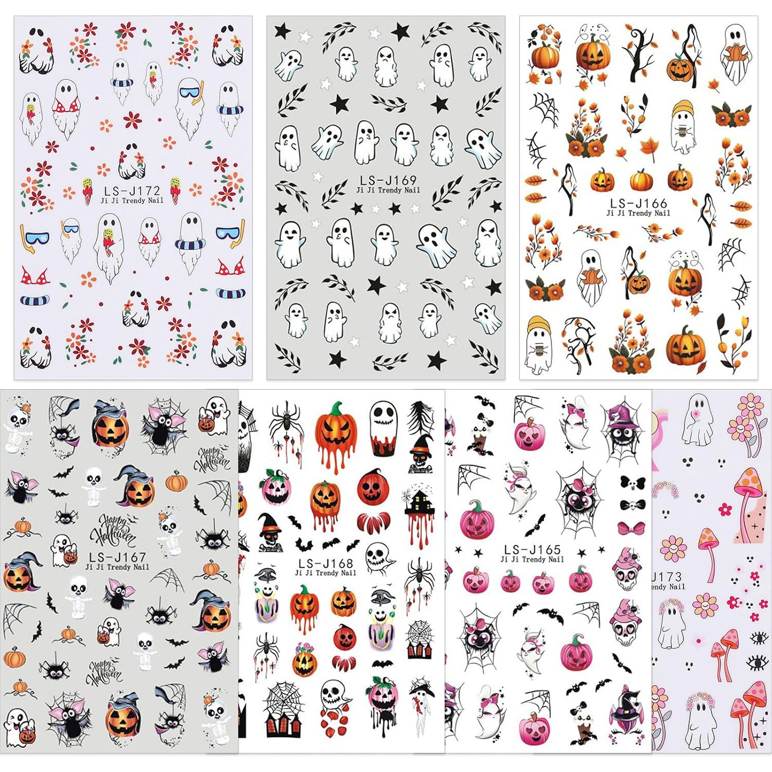 Image of 7 Sheets Pumpkins Nail Art Stickers Halloween Nail Decals Fall Nail Charms Pumpkins Mushroom Designs Nail Art Supplies Holiday Self-adhesive Sticker For Nails Spooky Nail Sticker