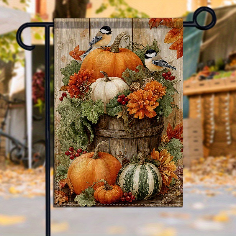 TEMU 2d Flat, 2d Flat Design- 1pc Double-sided Garden Decorative Flag, Featuring A Warm Harvest Theme And Chickadee Pattern, Suitable For Display In